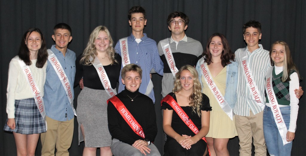 Congratulations to the 2021 Riverside Homecoming Court!  Our 2021 Homecoming King is Owen Holycross, son of Jaime and Shawn Holycross. The 2021 Homecoming Queen is Jenna Woods, daughter of Candice and Tim Woods. Standing left to right: Freshman Attendant Kylah Maddy, Freshman Escort Landon Purtee, Junior Attendant Daisy Armbruster, Junior Escort Yannick Belting, Senior Escort Andrew Thacker, Senior Attendant Anastasia Gonzalez, Sophomore Escort Hector Serrano, and Sophomore Attendant Kristina Plank.