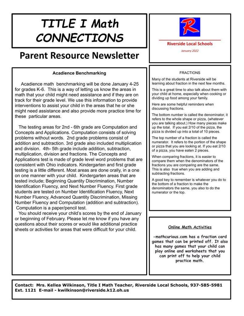 Title  I Math Connections Newsletter  for January 2022