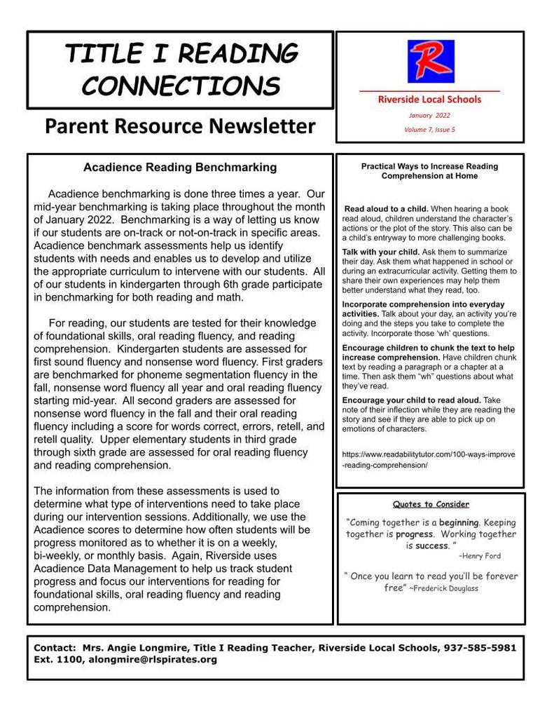 Title  I  Reading  Connections Newsletter  for January 2022