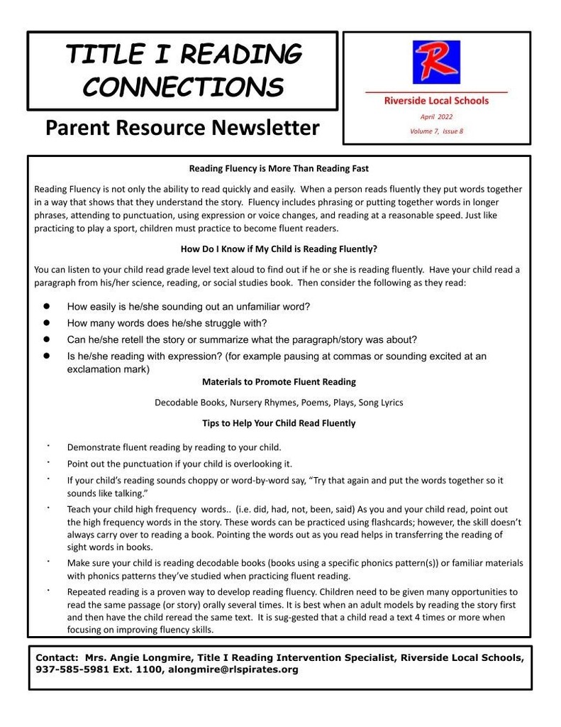 Title  I Reading Connections Newsletter  for April 2022